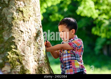 Ragazzo giapponese in un parco della città Foto Stock