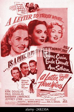 Jeanne Crain, Linda Darnell, Ann Sothern, Kirk Douglas, Paul Douglas e Jeffrey Lynn Film Poster: Una lettera a tre mogli (USA 1949) regista: Mankiewicz 20 gennaio 1949 **AVVERTENZA** questa fotografia è solo per uso editoriale ed è copyright di 20th CENTURY FOX e/o del fotografo assegnato dalla Film o dalla Production Company e può essere riprodotta solo da pubblicazioni in concomitanza con la promozione del film di cui sopra. È richiesto un credito obbligatorio a 20th CENTURY FOX. Il fotografo deve essere accreditato anche quando è noto. Nessun uso commerciale può essere concesso senza scritto Foto Stock