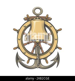 Tatuaggio della campana della nave con volante e ancoraggio isolati su bianco. Illustrazione vettoriale. Illustrazione Vettoriale