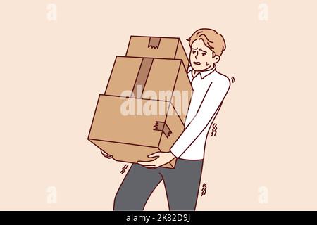 Stanco giovane uomo che trasporta la pila delle scatole. Supporto maschio esausto con pile di confezioni di cartone. Concetto di consegna. Illustrazione vettoriale. Illustrazione Vettoriale