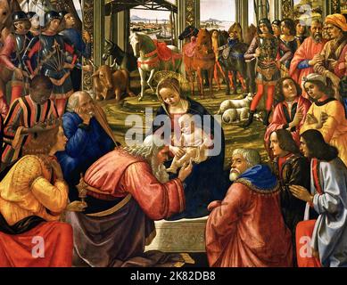 Adorazione dei Magi Domenico Ghirlandaio (Firenze 1449 - 1494), Firenze, Italia. ( I saggi sono in ginocchio davanti a loro, riconoscibili dalle corone che hanno posto ai piedi del Salvatore. Un servo, la cui pelle scura sottolinea che i re e il loro grande seguito sono venuti dall'Oriente, sta togliendo il diadema dalla testa dei Magi più giovani. Foto Stock