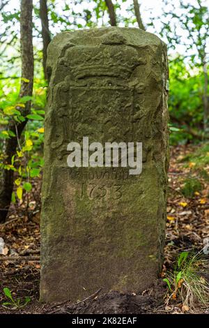 Confine di Stato tra i Paesi Bassi, Gelderland, Winterswijk e la Germania, Vreden, Suedlohn, Westmuensterland, Muensterland, Westfalia, Renania settentrionale-Vestfalia, NRW, San Vito Stein, pietra di confine del 1753 al Kommiesenpatt anche chiamato Kommiezenpad Foto Stock