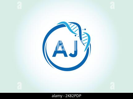 Lettera AJ alfabeto monogramma in un cerchio con DNA. Genetics logo design concetto. Emblema del carattere. Logo vettoriale moderno Illustrazione Vettoriale