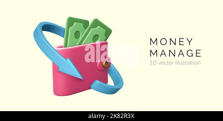 Icona delle frecce di trasferimento con il portafoglio pieno di dollari di carta. Mobile banking e servizio online in stile cartoon. Rimborso e rimborso. Risparmio di denaro ricchezza. Illustrazione Vettoriale