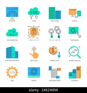 Icona di sviluppo software e aggiornamento impostata in stile linea colorata. Illustrazione vettoriale. Illustrazione Vettoriale