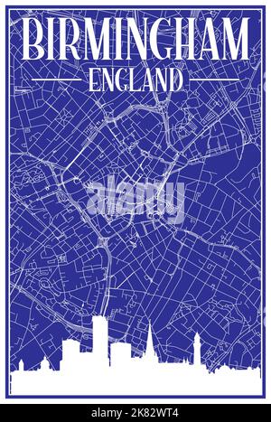 Carta blu vintage stampata a mano della rete stradale del centro DI BIRMINGHAM, INGHILTERRA, con skyline marrone della città del 3D e scritte Illustrazione Vettoriale