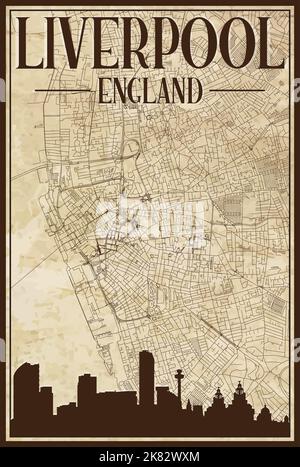 Cartografia marrone vintage stampata a mano della rete stradale del centro DI LIVERPOOL, INGHILTERRA, con lo skyline marrone della città del 3D e scritte Illustrazione Vettoriale