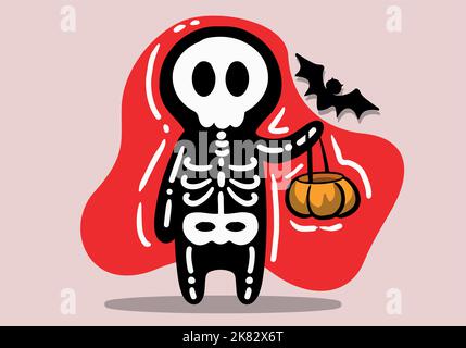 Scheletro di Halloween disegnato a mano con secchio di zucca Illustrazione Vettoriale