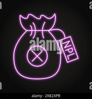 Icona neon prestito non performante in stile linea. Simbolo NPL, borsa di denaro con segno di croce. Prestito bancario con pagamento in ritardo. Illustrazione vettoriale. Illustrazione Vettoriale