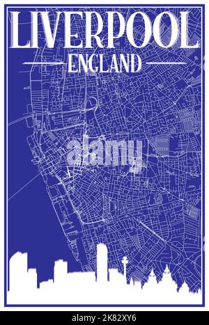 Mappa blu vintage stampata a mano della rete stradale del centro DI LIVERPOOL, INGHILTERRA, con skyline marrone della città del 3D e scritte Illustrazione Vettoriale