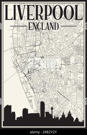 Carta bianca vintage stampata a mano della rete stradale del centro DI LIVERPOOL, INGHILTERRA, con skyline marrone della città del 3D e scritte Illustrazione Vettoriale