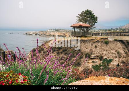 Scogliere rocciose al sole e la silhouette di una bella città sulla spiaggia. Shell Beach a Pismo Beach, California Central Coast Foto Stock