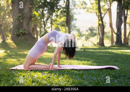 Attraente giovane donna asiatica pratica yoga, esercizio nel parco, in piedi una gamba su un materassino yoga, mostrando una postura di equilibrio. Stile di vita benessere e. Foto Stock