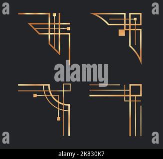 Angoli dorati art deco. Bordi geometrici ed eleganti per la decorazione delle pagine. Linea d'oro vintage template in stile classico Illustrazione Vettoriale