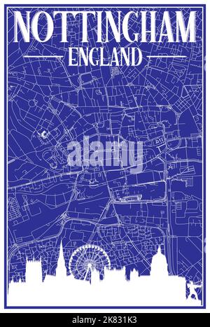Carta blu vintage stampata a mano della rete stradale del centro DI NOTTINGHAM, INGHILTERRA, con skyline marrone della città del 3D e scritte Illustrazione Vettoriale