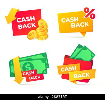 Badge cashback. Portafoglio con banconote in dollari, pagamento online e servizio di riaccredito di denaro. Etichetta di restituzione del denaro Illustrazione Vettoriale