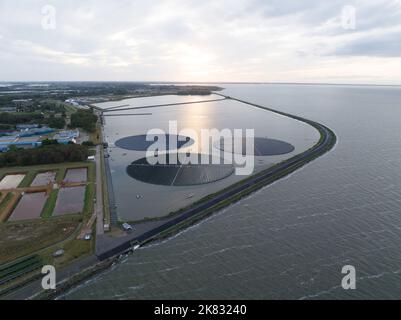 Pannelli solari girevoli galleggianti. Sistema solare di generazione di energia sostenibile su larga scala. Verde estrazione di energia elettrica dal sole su Foto Stock