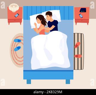 Coppia di persone che dormono a letto. Personaggi femminili e maschili che giacciono insieme sotto coperta. La famiglia sogna Illustrazione Vettoriale