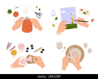 Le mani creano artigianato. Persone che hanno classi fatte a mano, maglieria, fare candele, pittura con acquerelli Illustrazione Vettoriale