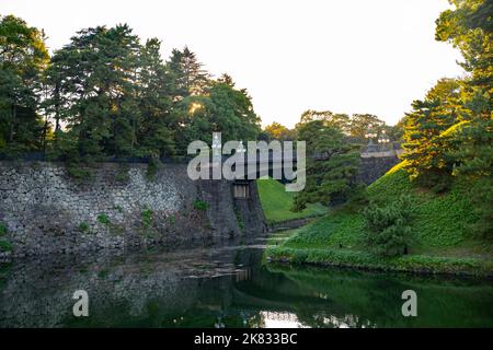 Tokyo, Giappone. 20th Ott 2022. 20 ottobre 2022, Tokyo, Giappone: Un ponte che attraversa il Moat Nijubashi visto dal Giardino Nazionale di Kokyo Gaien nei giardini anteriori del Palazzo Imperiale, pieno di parchi in autunno...Chiyoda City è il centro del governo giapponese, con il Palazzo Imperiale e la Dieta Nazionale. Il Giappone ha recentemente riaperto il turismo dopo oltre due anni di divieti di viaggio a causa della pandemia COVID-19. Lo Yen si è notevolmente deprezzato nei confronti del dollaro USA, creando turbolenze economiche per il commercio internazionale e l'economia giapponese. (Credit Image: © Taidgh Foto Stock