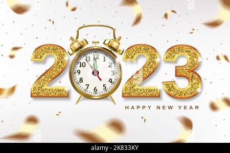 Numeri di Natale 2023 con sveglia d'oro, le frecce puntano a Capodanno - concetto. Coriandoli d'oro. 3D illustrazione realistica. Sfondo chiaro. Vettore Illustrazione Vettoriale