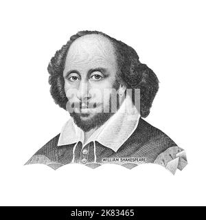 Ritratto di drammaturgo inglese, poeta e attore William Shakespeare isolato in bianco e nero. Frammento di banconota Foto Stock