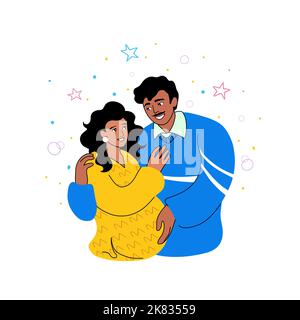 Giovane coppia di famiglia latino-americana ispanica sorridente, futuri genitori. Marito con baffi, mano dolce sul ventre di sua moglie. Concetto di paternità Illustrazione Vettoriale