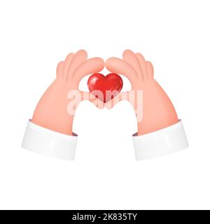 Mani che tiene il cuore rosso. Segno di amore. Beneficenza, donazione, concetto di volontariato. 3D illustrazione vettoriale isolata su sfondo bianco Illustrazione Vettoriale