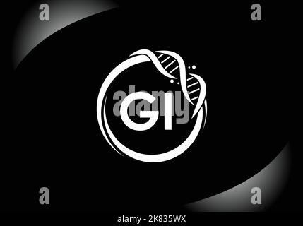Lettera GI monogramma alfabeto in cerchio con DNA. Genetics logo design concetto. Logo vettoriale moderno per medicina, scienza, laboratorio Illustrazione Vettoriale