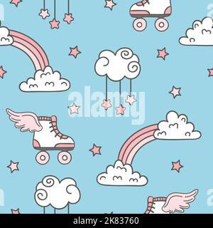 Modello senza cuciture con pattini a rotelle e arcobaleni per il design dei bambini Illustrazione Vettoriale