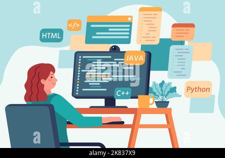 Web designer e programmatore che lavorano al computer desktop. Cartoon donna codifica in diversi linguaggi di programmazione come java e python. Carattere femminile Illustrazione Vettoriale