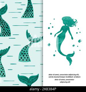 Set sirena. Silhouette sirena acquerello e motivo coda. Tessuto, design in tessuto. Illustrazione Vettoriale