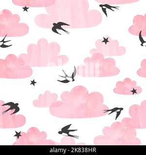 Swallow volanti senza cuciture e nuvole color acqua rosa. Illustrazione Vettoriale