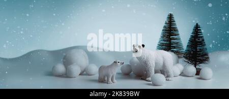 Accogliente sfondo blu inverno banner, orsi in nevicate. Concetto per Natale e Capodanno Foto Stock