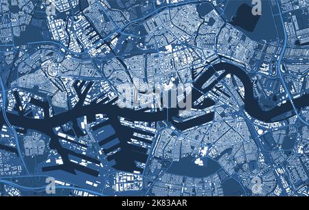 Cartellone cartografico blu dettagliato dell'area amministrativa della città di Rotterdam. Panorama dello skyline. Mappa turistica grafica decorativa del territorio di Rotterdam. Royalt Illustrazione Vettoriale