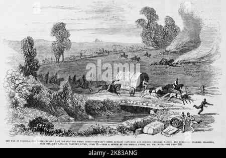 La guerra in Virginia - la cavalleria Rebel raid verso la Casa Bianca (piantagione) - Generale J. E. B. la cavalleria Rebel di Stewart cattura e brucia carri nazionali, e uccisione di teamsters disarmati, nei pressi di Garlick's Landing, Pamunkey River, 13th giugno 1862. Illustrazione della guerra civile americana del 19th° secolo dal quotidiano illustrato di Frank Leslie Foto Stock