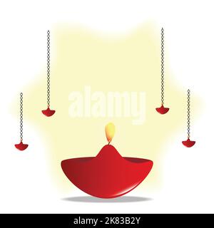 Modello di saluto Diwali con bella lampada a olio Diwali Diya bruciante su sfondi gialli. Illustrazione Vettoriale