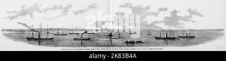 La guerra nel South Carolina - accampamento della divisione del generale Horatio Gouverneur Wright, guardando verso est nord-est, sull'isola di James, di fronte alla città di Charleston. Giugno 1862. Battaglia di Secessionville, a.k.a. prima Battaglia di James Island. Illustrazione della guerra civile americana del 19th° secolo dal quotidiano illustrato di Frank Leslie Foto Stock