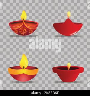 Set di lampade a olio Diwali Diya su sfondo trasparente. Festival delle luci. Illustrazione Vettoriale
