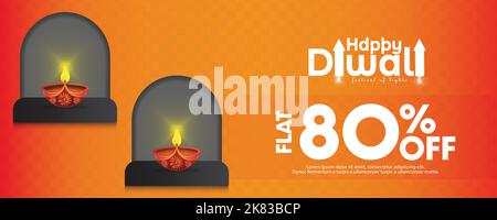 Diwali Vendita 80% di sconto su banner di vendita con lampada a olio diya. Stagione del festival. Offerta di vendita, festival indiano di luci, Illustrazione Vettoriale