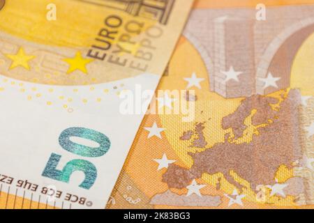 Mappa europea su una banconota da cinquanta euro. Concetto di Unione dei paesi europei Foto Stock