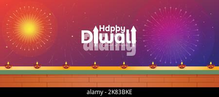 Felice sfondo del festival Diwali con cracker. Illustrazione di una casa indiana decorata con una lampada a olio Diya indiana. Illustrazione Vettoriale