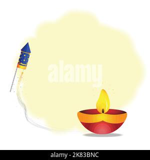 Felice Diwali con lampada a olio di diya bruciante con cracker su sfondi gialli per festival di luce. Illustrazione Vettoriale