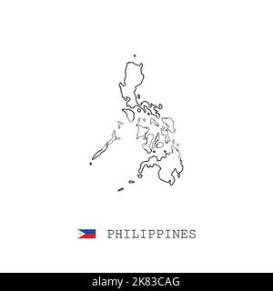 Filippine contorno mappa vettoriale, linea, lineare. Filippine mappa nera su sfondo bianco. Bandiera delle Filippine Illustrazione Vettoriale