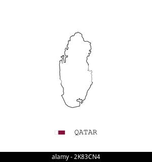 Mappa vettoriale Qatar contorno, linea, lineare. Mappa nera del Qatar su sfondo bianco. Bandiera del Qatar Illustrazione Vettoriale