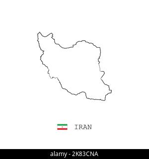 Profilo, linea, lineare della mappa vettoriale dell'Iran. Mappa nera Iran su sfondo bianco. Bandiera dell'Iran Illustrazione Vettoriale