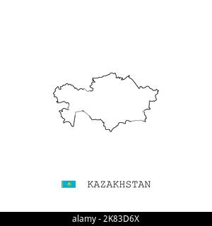 Kazakhstan mappa vettoriale contorno, linea, lineare. Mappa nera del Kazakistan su sfondo bianco. Bandiera del Kazakistan Illustrazione Vettoriale