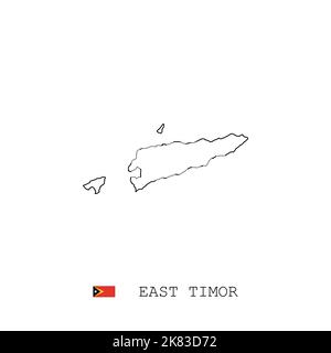 Mappa vettoriale di Timor Est contorno, linea, lineare. Mappa nera di Timor Est su sfondo bianco. Bandiera di Timor Est Illustrazione Vettoriale