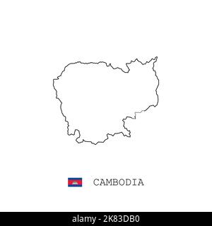 Cambogia mappa vettoriale contorno, linea, lineare. Cambogia mappa nera su sfondo bianco. Bandiera della Cambogia Illustrazione Vettoriale