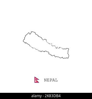 Mappa vettoriale Nepal contorno, linea, lineare. Mappa nera del Nepal su sfondo bianco. Bandiera del Nepal Illustrazione Vettoriale